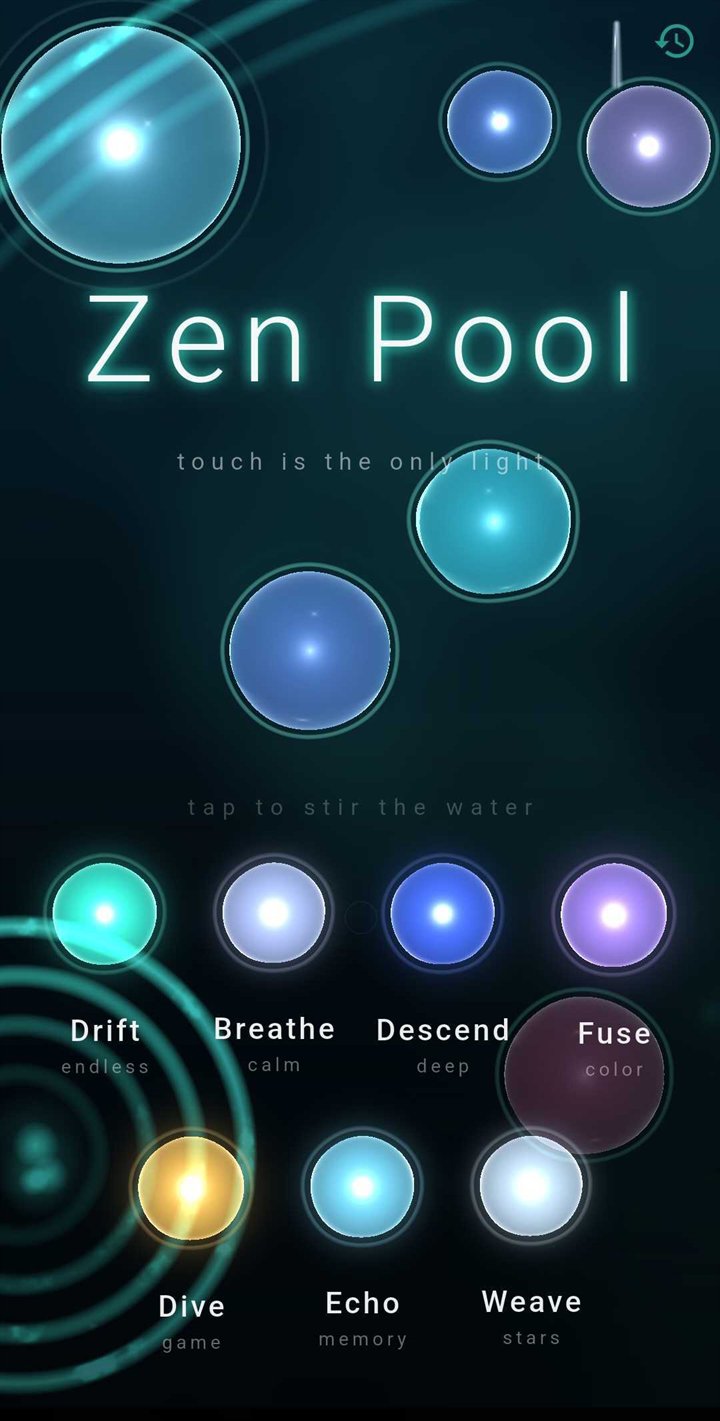 Zen Pool title screen with glowing mode orbs